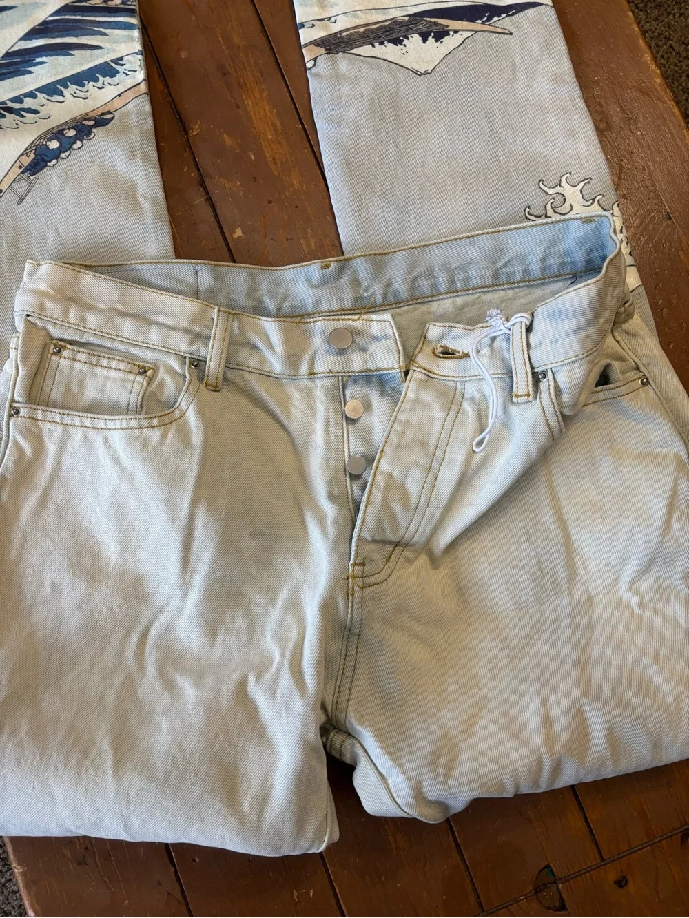 MNML Jeans Retro Ocean Waves Mountain Art Washed Denim Pants